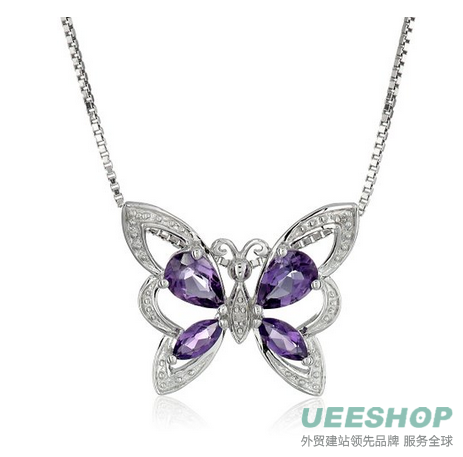 Sterling Silver Pear and Marquise-Shape Amethyst and Diamond Butterfly Pendant Necklace (0.01 cttw, I-J Color, I1-I2 Clarity), 18&quot;