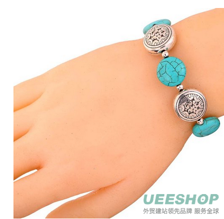 Yazilind Tibetan Silver Chinese Rimous Green Round Turquoise Bangle Bracelet