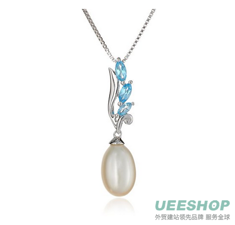 Sterling Silver, Swiss Blue Topaz, and Freshwater Cultured Pearl Earrings and Pendant Necklace Jewelry Set