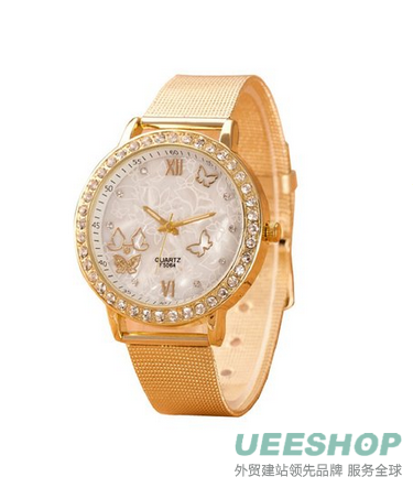 Bessky(TM) 2015 Gold Ladies Crystal Butterfly Gold Stainless Steel Mesh Band Wrist Watch