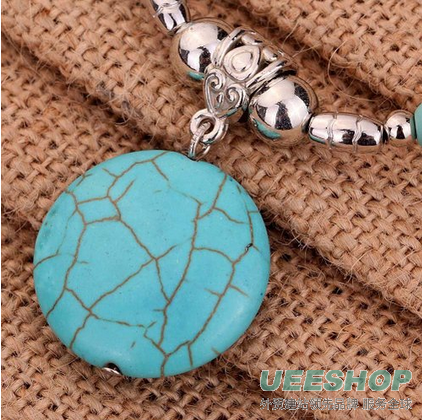 Yazilind Ethnic Tibetan Silver Chain Green Round Rimous Turquoise Pendant Necklace