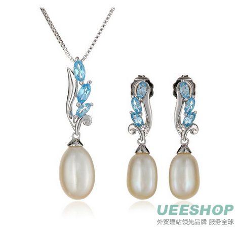 Sterling Silver, Swiss Blue Topaz, and Freshwater Cultured Pearl Earrings and Pendant Necklace Jewelry Set